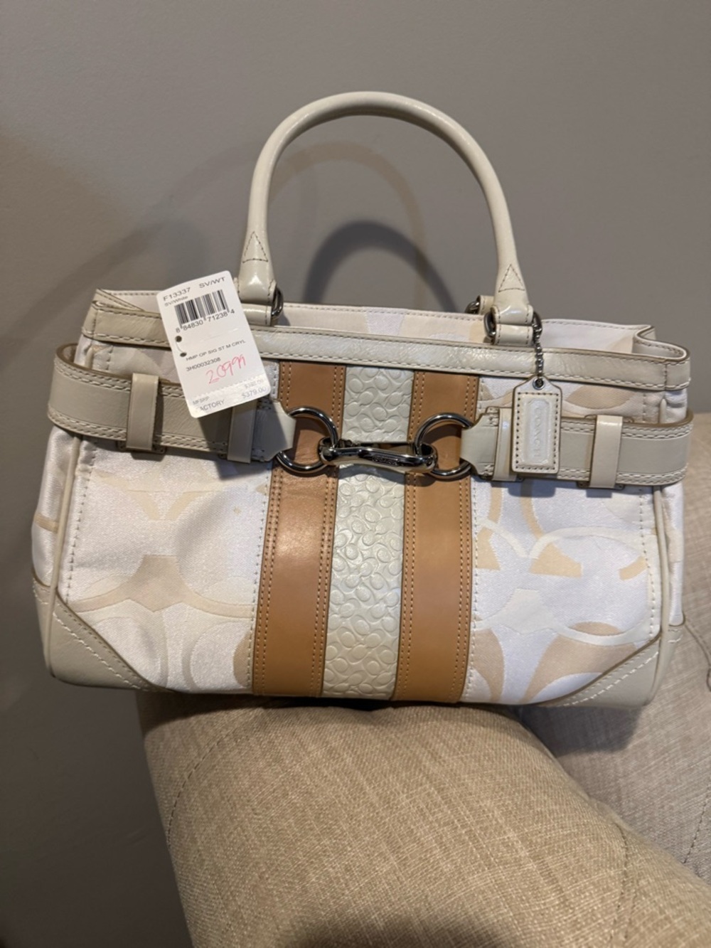 Coach White and Tan Signature Stripe Satchel with Gold-Tone Hardware